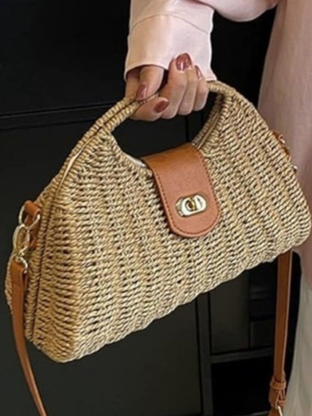 Women's Straw Hand Woven Top Handle Crossbody Tote Bag Summer Beach Purse